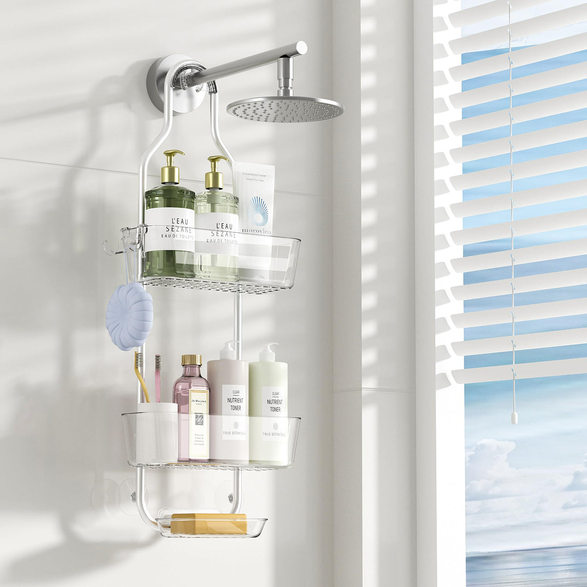 APLOP Shower Caddy Hanging 3-Tier,No Drill Rustproof Aluminum,Shower Storage Organiser with Soap Holder & Hooks,Easy Install Bathroom Shelf