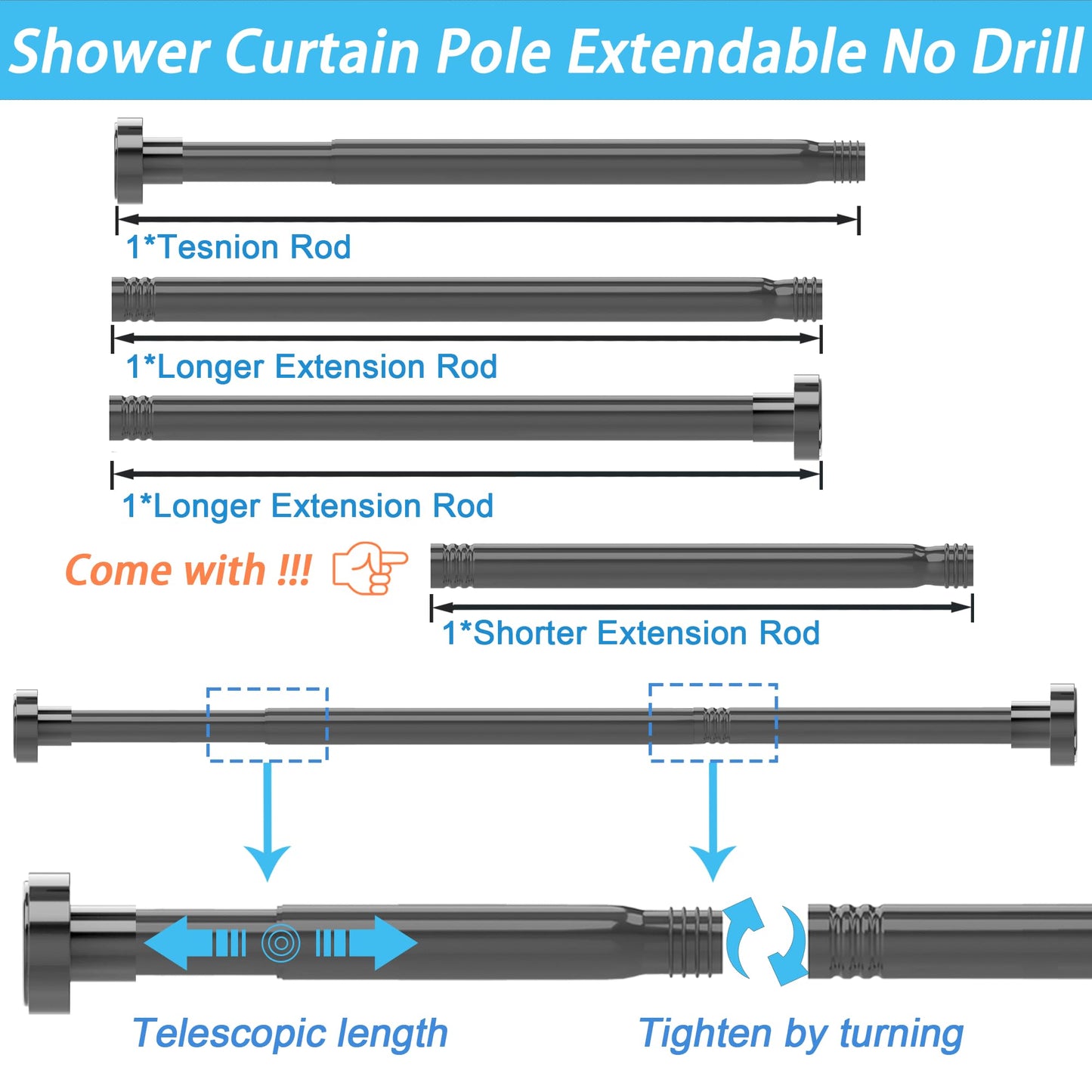 Shower Curtain Pole Extendable Tension Rods for Curtains Curtain Poles No Drilling Shower Curtain Rail Extendable Pole for Bathroom, Window, Door