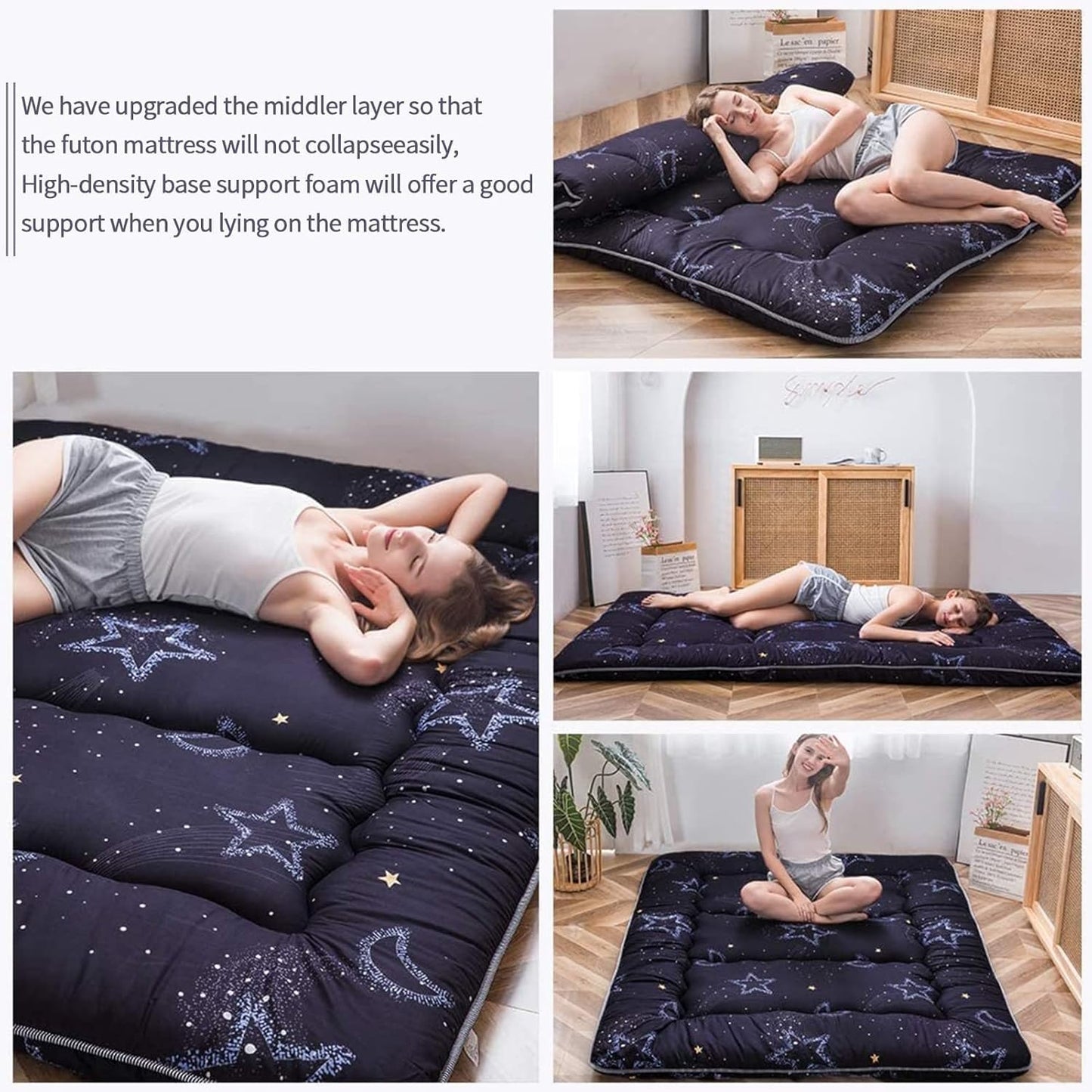 MAXYOYO Japanese Floor Futon Mattress, Thicken Tatami Mat Sleeping Pad Foldable Roll Up Mattress Dormitory Pad Floor Lounger Pillow Bed