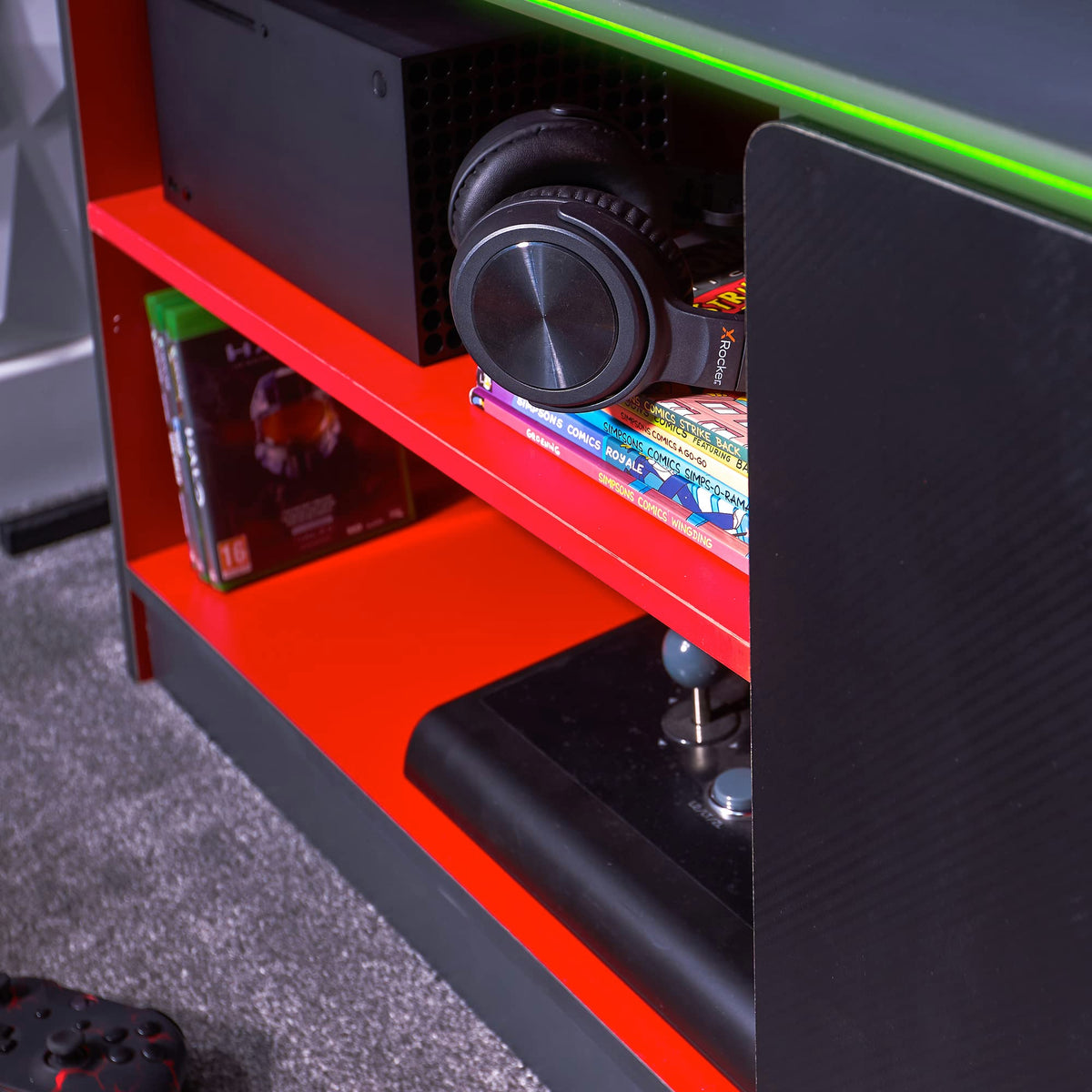 X-Rocker Carbon-Tek 100cm Width, RGB LED TV Stand Media Centre - Neo Fibre Lighting, 2 Open Shelves, 2 Shelf Storage Cupboard