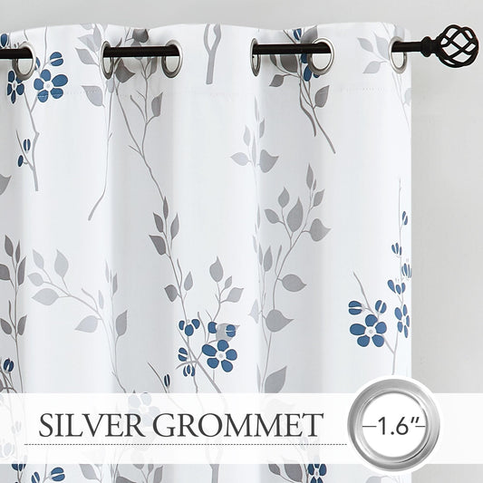Beauoop Blue Grey Floral Blackout Curtains for Living Room Bedroom 90 Inch Drop Leaf Print Eyelet Curtain Botanical Thermal Insulated Noise Reducing