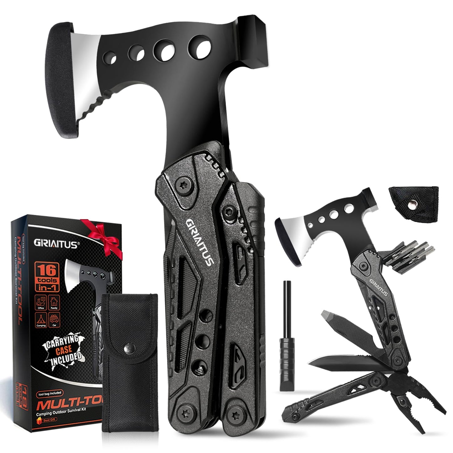 Camping Essentials Multi Tool Gifts for Men Dad 16in1 Multitool Survival Gear with Hammer Pliers Saw Screwdrivers Bottle Opener Whistle Christmas