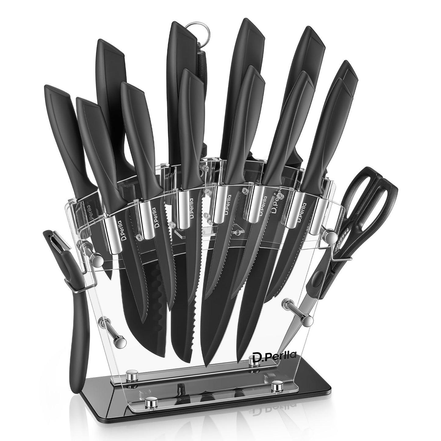 D.Perlla Knife Set, 16 PCS High Carbon Stainless Steel Kitchen Knife Set, BO Oxidation, Non Slip Handle, Sharp Knife, Rust and Corrosion Resistant,