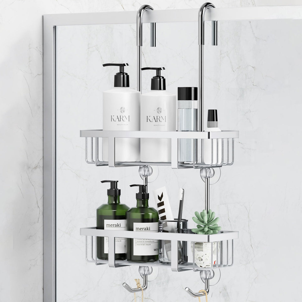 pickpiff Shower Caddy Hanging-2 Tier Shower Storage Over Door Rack Holders, Silver