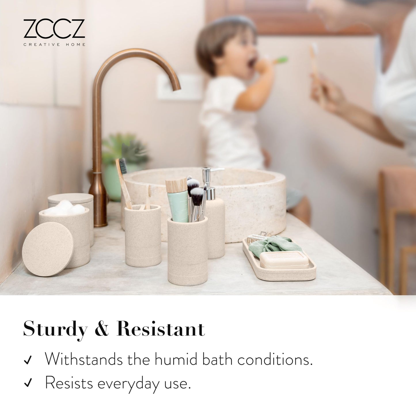 zccz Beige Bathroom Accessory Set 6 Pieces - Bathroom Organiser with Tootbrush Holder, Lotion Soap Dispenser, Vanity Tray and 2 Qtip Holders - Modern