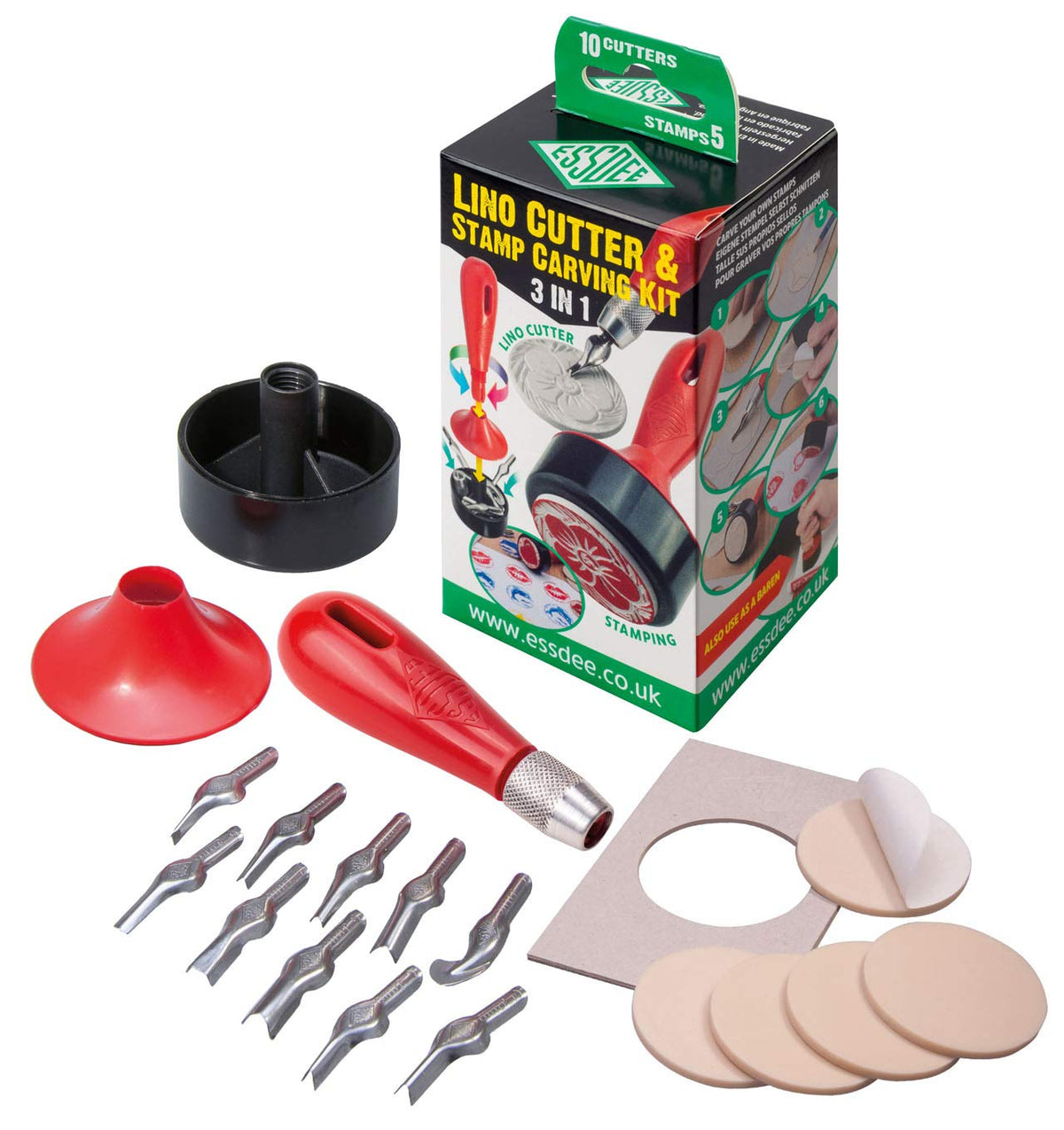 Essdee Lino Cutter and Stamp Carving Kit 10 Cutters and 5 Carving Stamps, Multicoloured, 13.7 x 6.5 x 6 cm