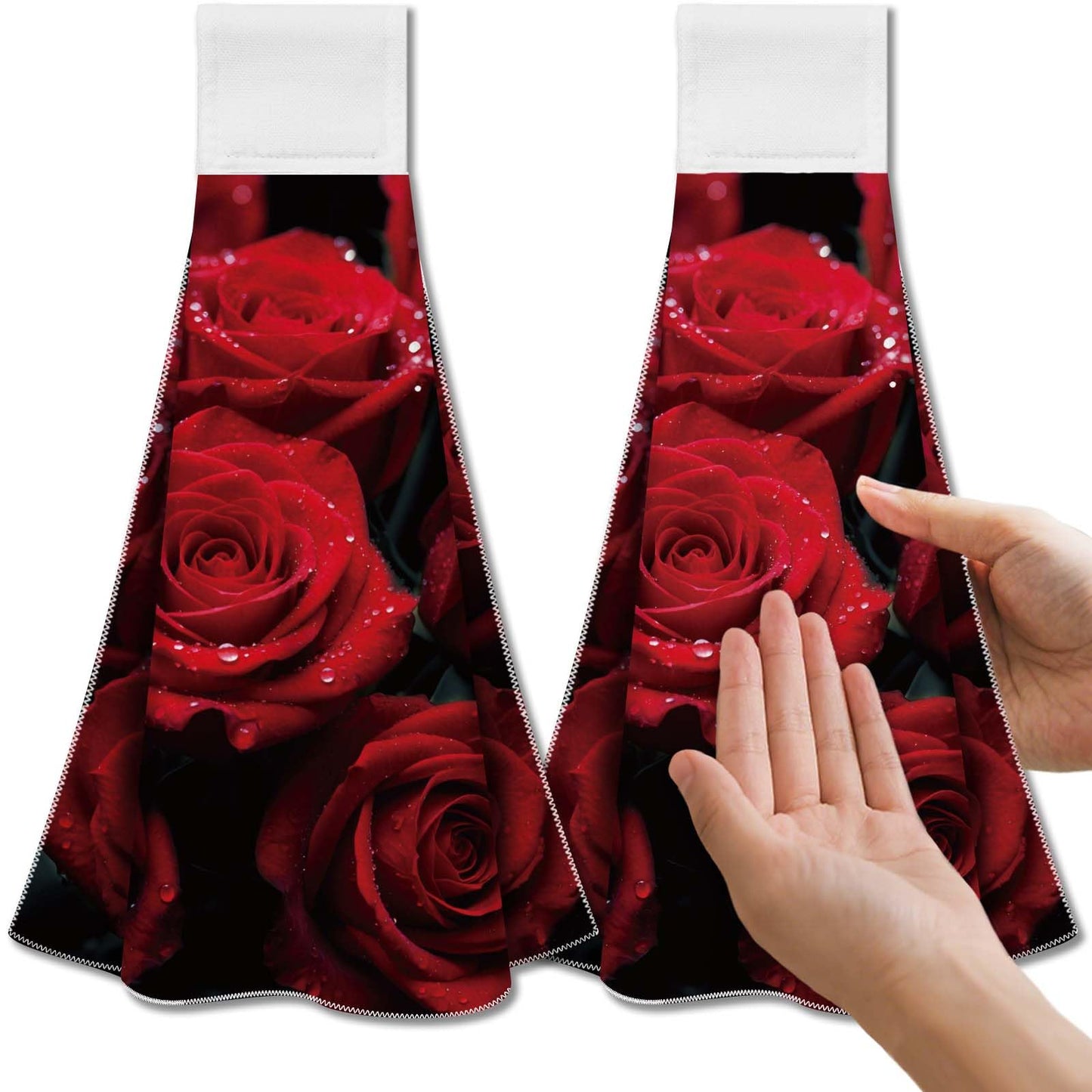 CUTHOLLOW Red Rose Hanging Kitchen Towels with Loop, Set of 2 - Soft & Super Absorbent Microfiber Decorative Hanging Dish & Hand Towel, Tea, Coffee