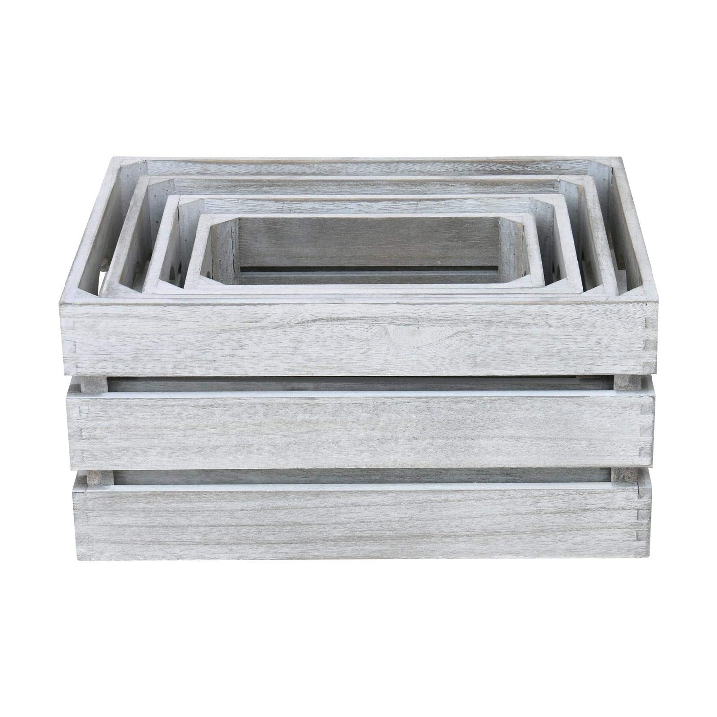 Hodge and Hodge Vintage Wooden Crate Set of 4 Slatted Fruit Boxes with Handles Natural Whitewash Finish