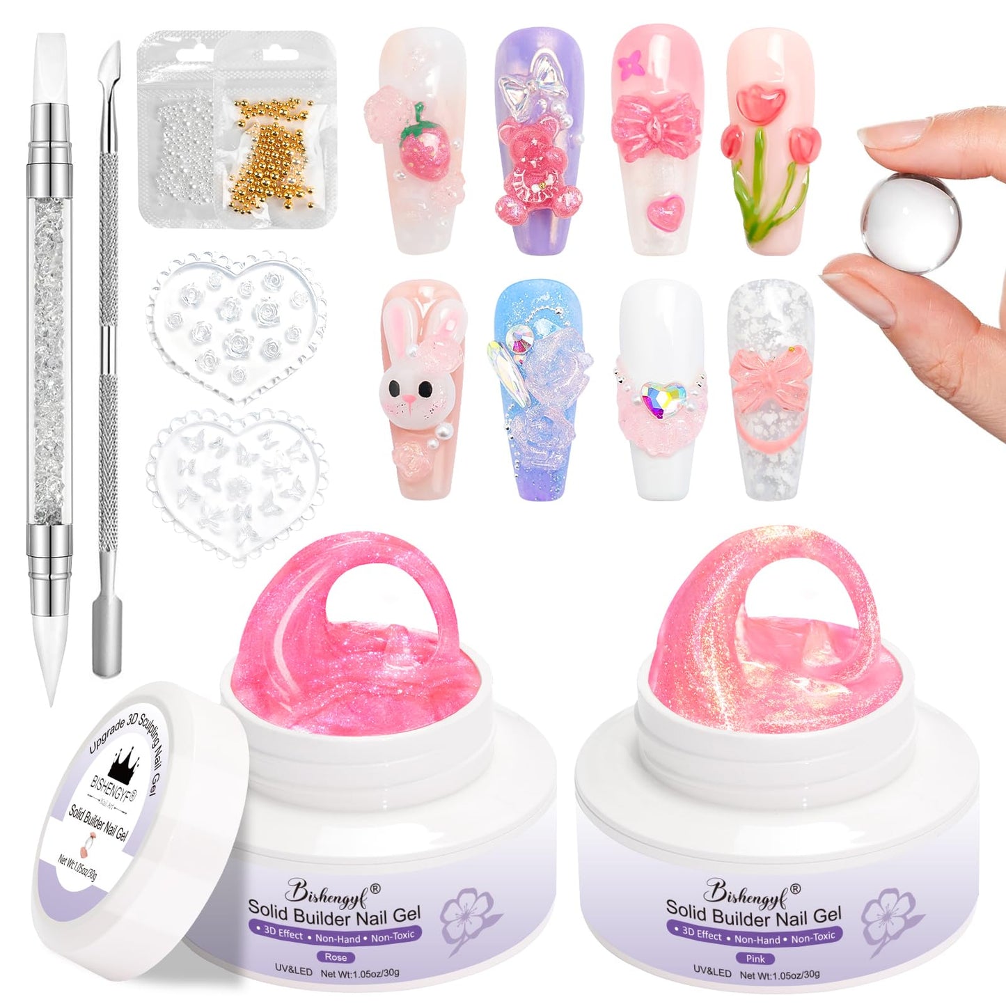 BISHENGYF 3d Gel for Nails,Large Capacity Clear 2pcs 30g Non-Sticky Mermaid Pearl 3d Sculpting Nail Gel,Clear Carving for Nail Extension Nail Art