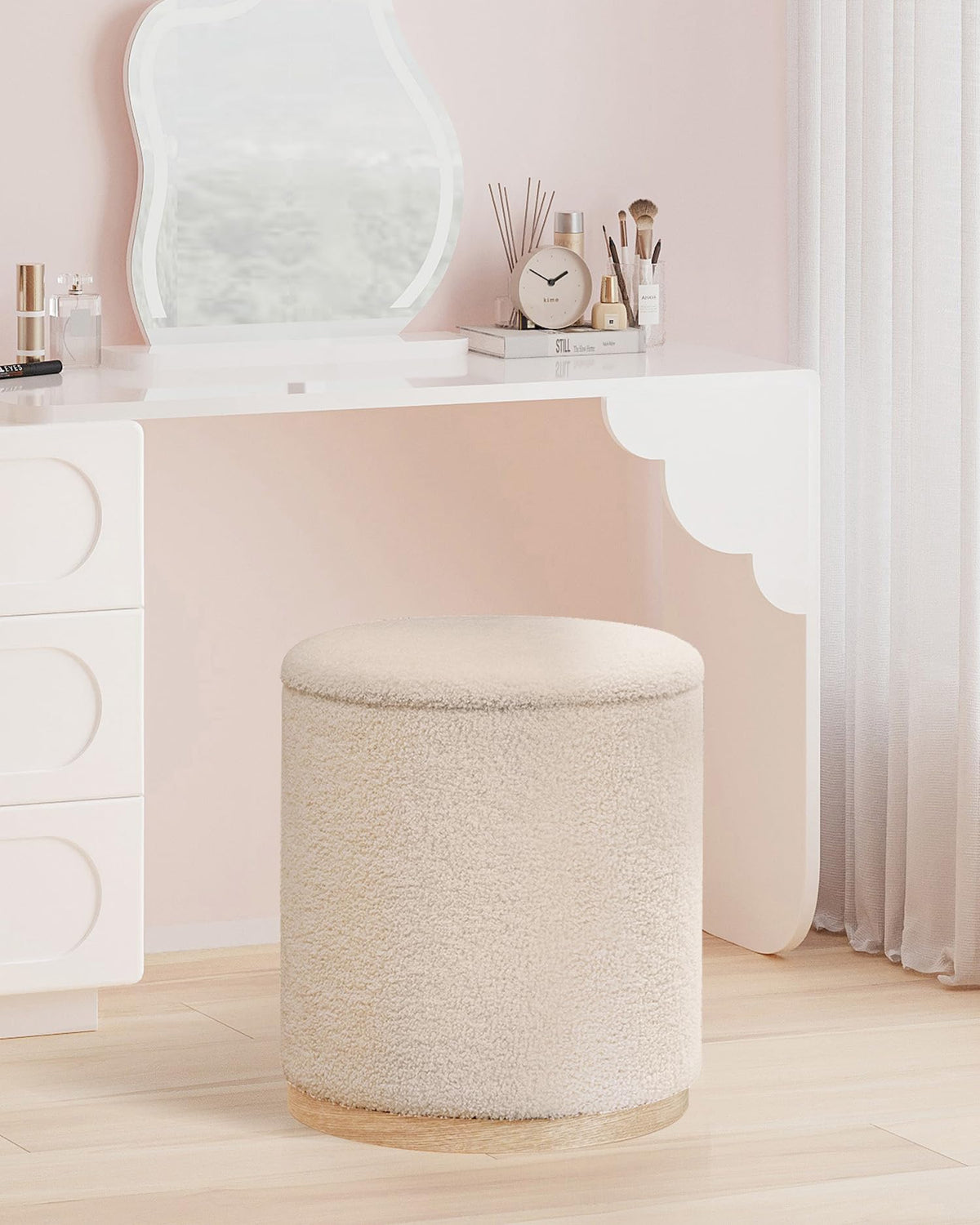 Bonlife Set of 2 Round Ottoman with Tray, Vanity Stool with Storage