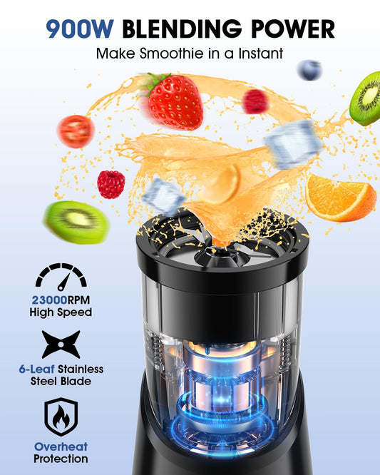 TENKER Portable Mini Blender, 900W Personal Smoothie Maker with 2x650ml Portable Blender Bottles, 2pcs To-Go Lids and 300ml Grinder, BPA-Free, for