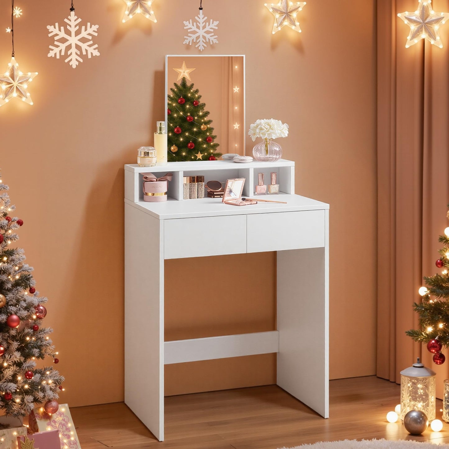 VASAGLE KAILYN Collection - Dressing Table with Large Mirror, Vanity Table with 2 Drawers and 3 Compartments, Makeup Table, Modern, White RDT103W01