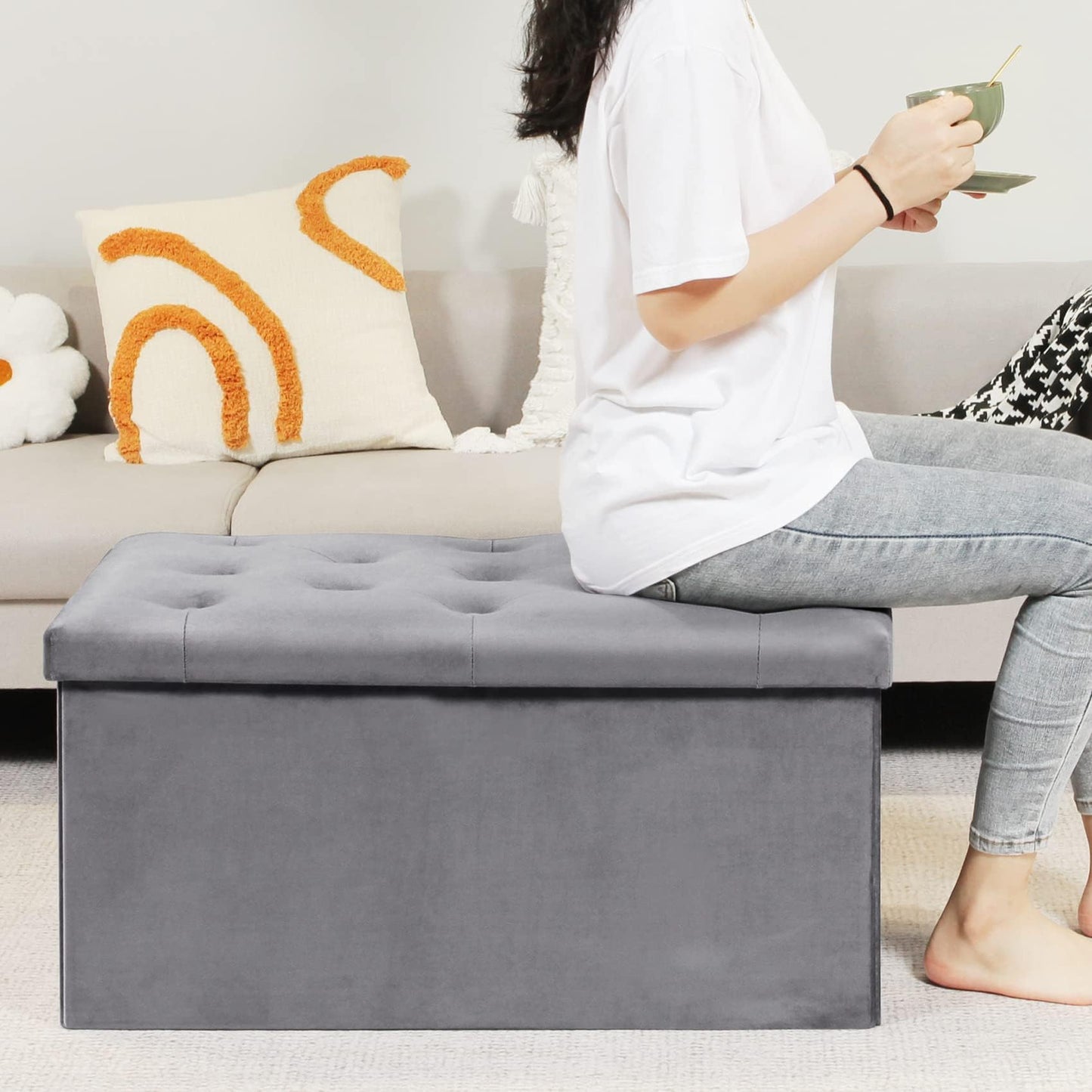 Bonlife Folding Velvet Ottoman Storage Bench,Long Shoes Bench,Footrest Stool Seat,Toy Chest Storage Box with Lid,Footstool for Living Room,80x40x40cm