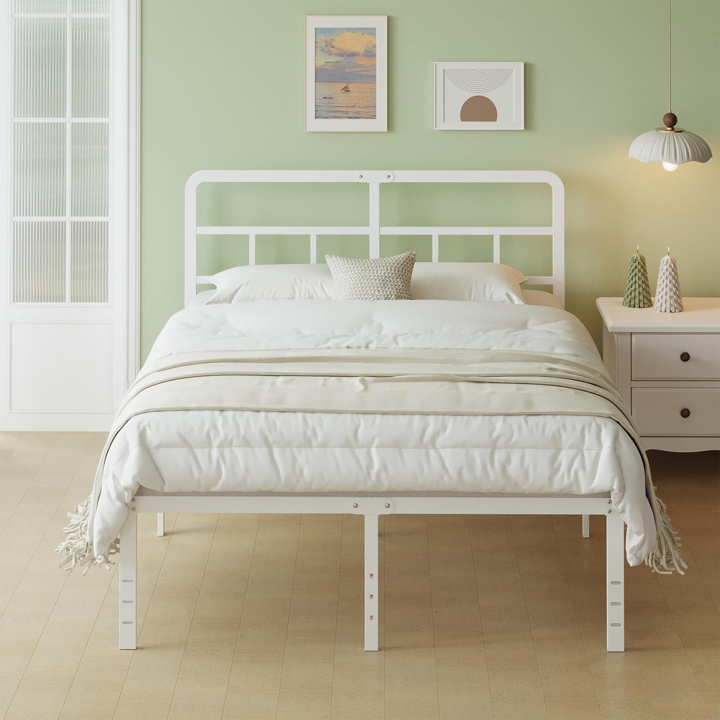 Lutown-Teen Double Bed Frame 4ft 6 with Curved Headboard, Heavy Duty 46 cm High White Double Bed Frame with Steel Slats, Under-bed Storage, Easy