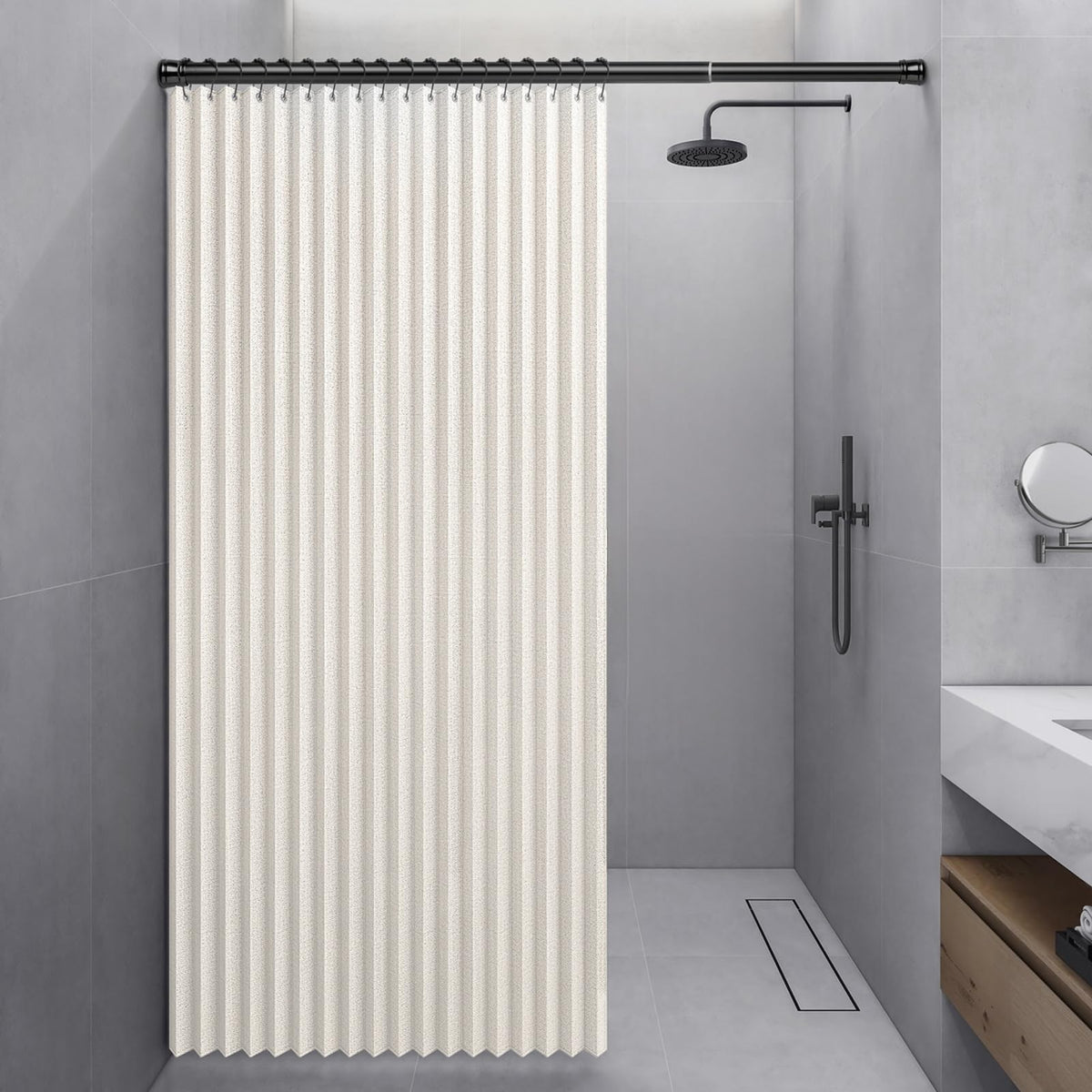 Momooda Waterproof Folding Shower Curtain, Heavy Duty Anti Mould Linen Shower Curtain, Magnetic Sripe Splash-proof, Fast Closing, Beige, 120x200cm