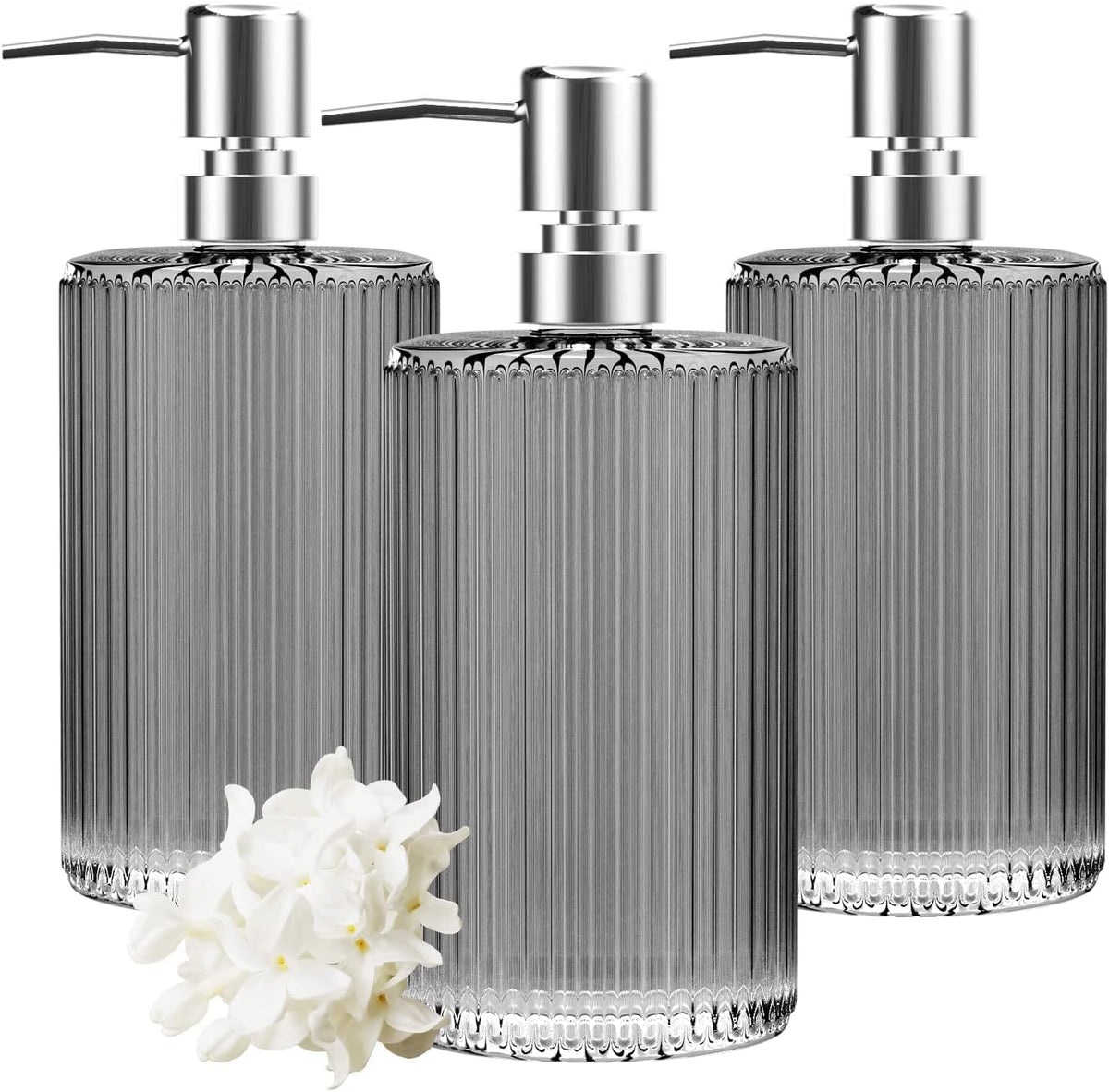HIYAA 3 Pack Glass 17 Oz Versatile Lotion Liquid Dish Hand Soap Dispenser with Pump for Bathroom, Countertop, Kitchen, Laundry Room (Grey), 17Oz
