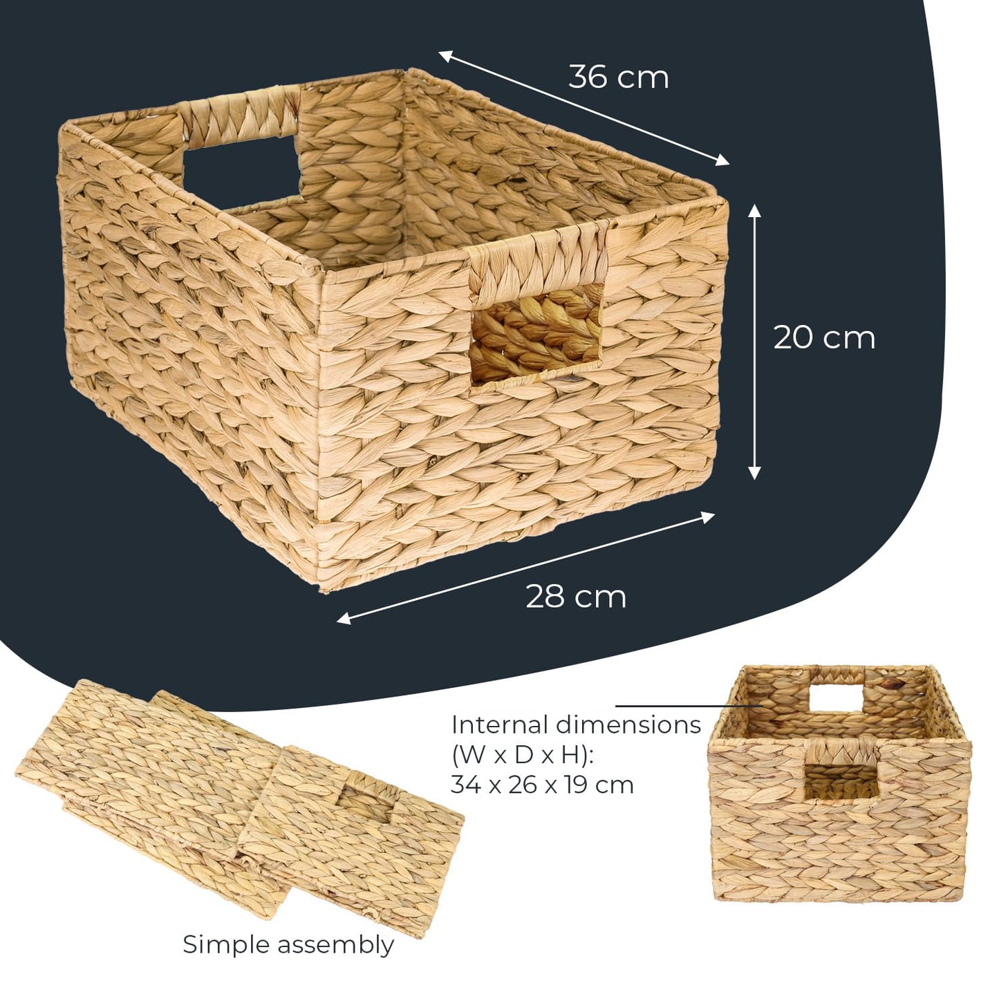 HMF storage basket woven from water hyacinth, decorative basket with carry handles for storage in the bathroom, kitchen and living area | Set of 2