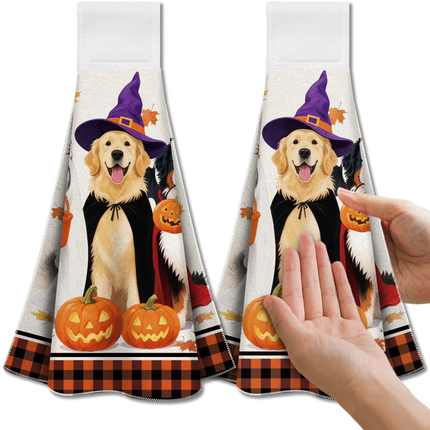 CUTHOLLOW Halloween Puppy Hanging Kitchen Towels with Loop, Set of 2 - Soft & Super Absorbent Microfiber Decorative Hanging Dish & Hand Towel, Tea,