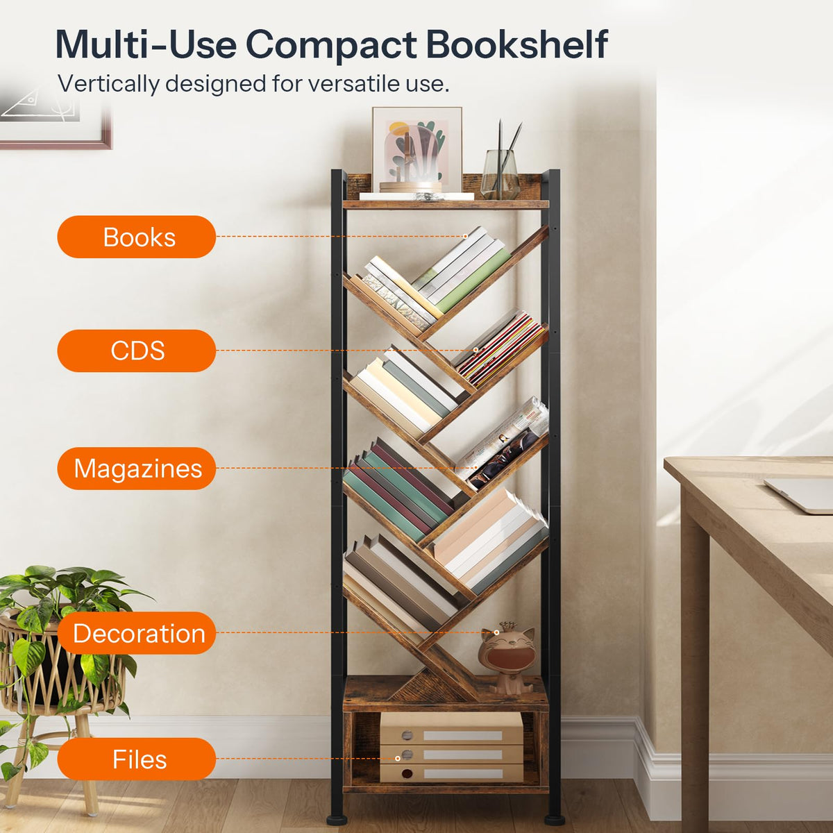 HOOBRO Tree Bookshelf with Storage, 9-Tier Floor Standing Shelf with Upper Shelf & Compartment, Tall CD/DVD/Book Organiser, for Living Room, Bedroom