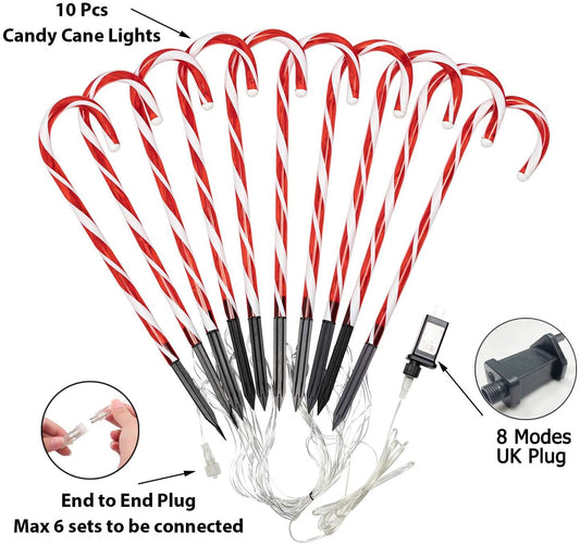 Christmas Lights Outdoor - 10 Sets 21in Candy Cane 60 Red LEDs with Memory Function 8 Modes End-to-End Plug in Waterproof Extendable Lighted Xmas Path