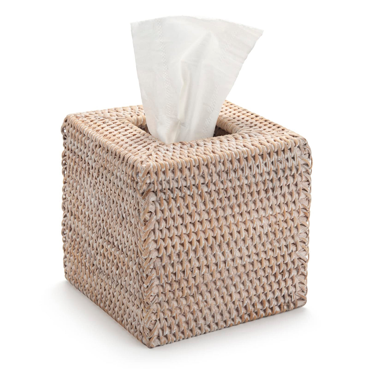 Rattan Tissue Box Cover Napkin Holder for Home Office Car Honey Brown (White, 14x14x15cm)