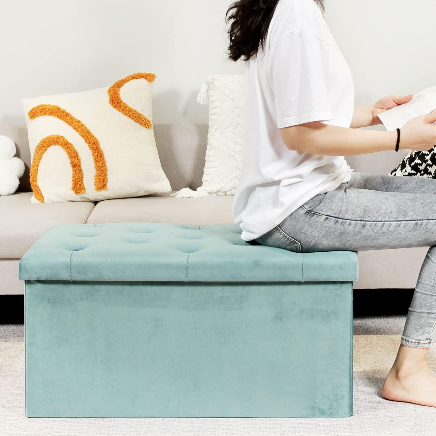 Bonlife Folding Velvet Ottoman Storage Bench,Footrest Stool Seat,Toy Chest Storage Box with Lid,Footstool for Living Room,Green,80x40x40cm