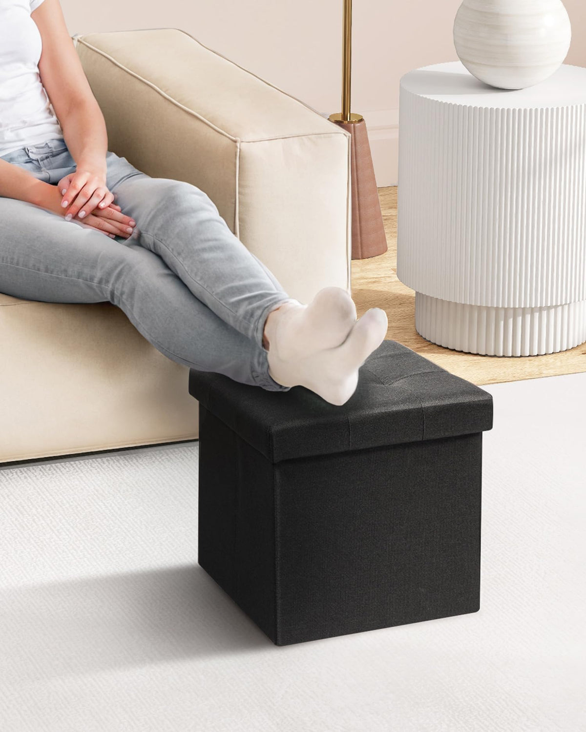 Bonlife Folding Ottoman Storage Box, Linen Black Cube Toy Chest with Lid, Multipurpose Footstool for Living Room, Bedroom & Nursery, 32x32x32cm