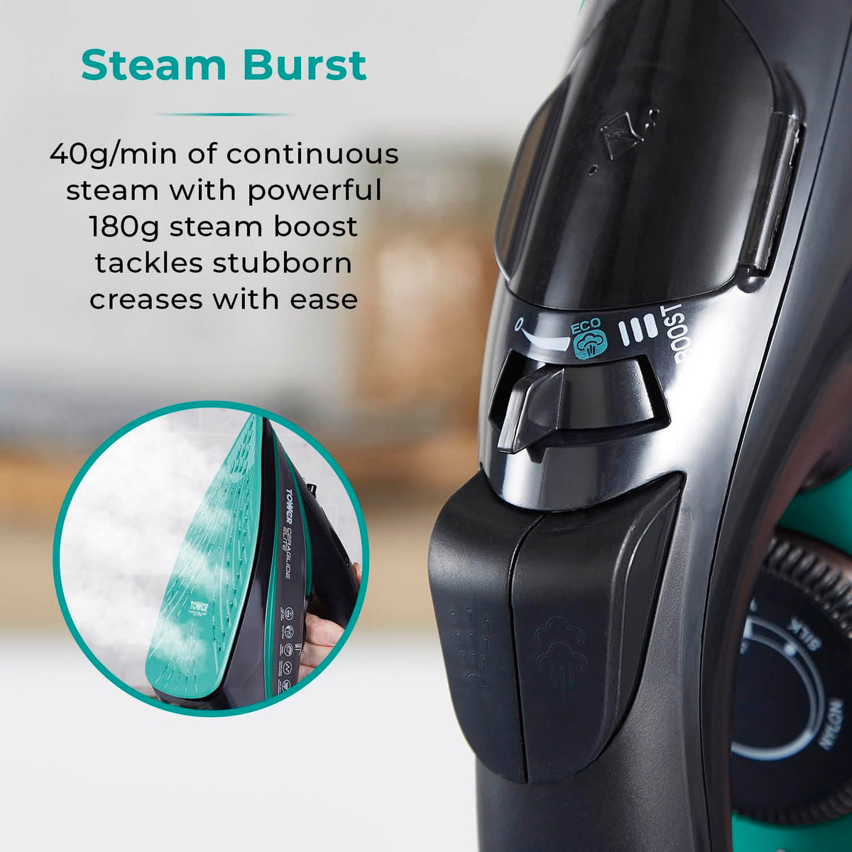 Tower CeraGlide T22013TL Ultra Speed Iron with Ceramic Soleplate Variable Steam Function, 3100W, Black & Teal