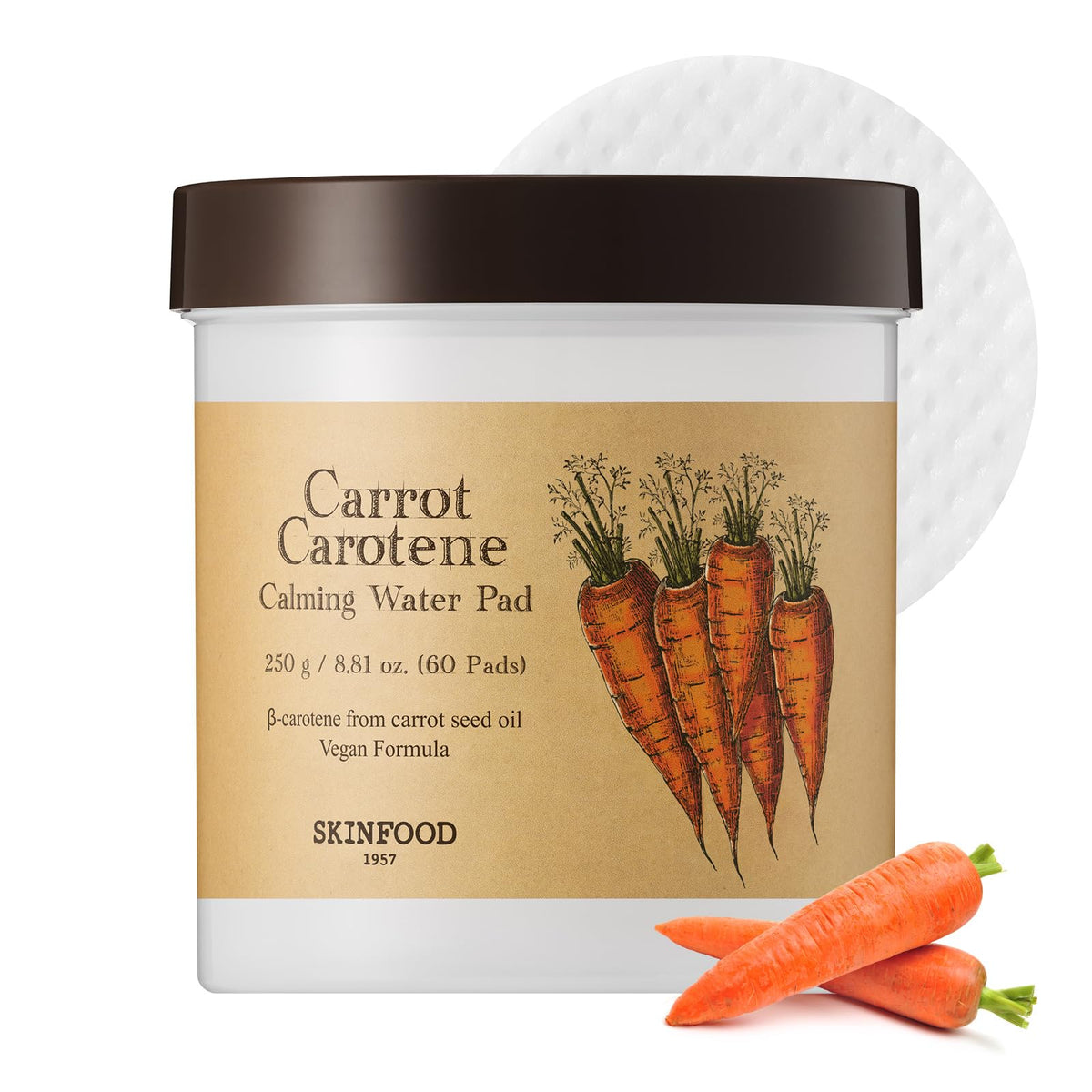 SKINFOOD Carrot Carotene Calming Water Pad 250g 8.81 oz. 60 Sheets- Redness Relief Soothing Facial Cotton Pads for Sensitive Skin, Vegan, Cruelty