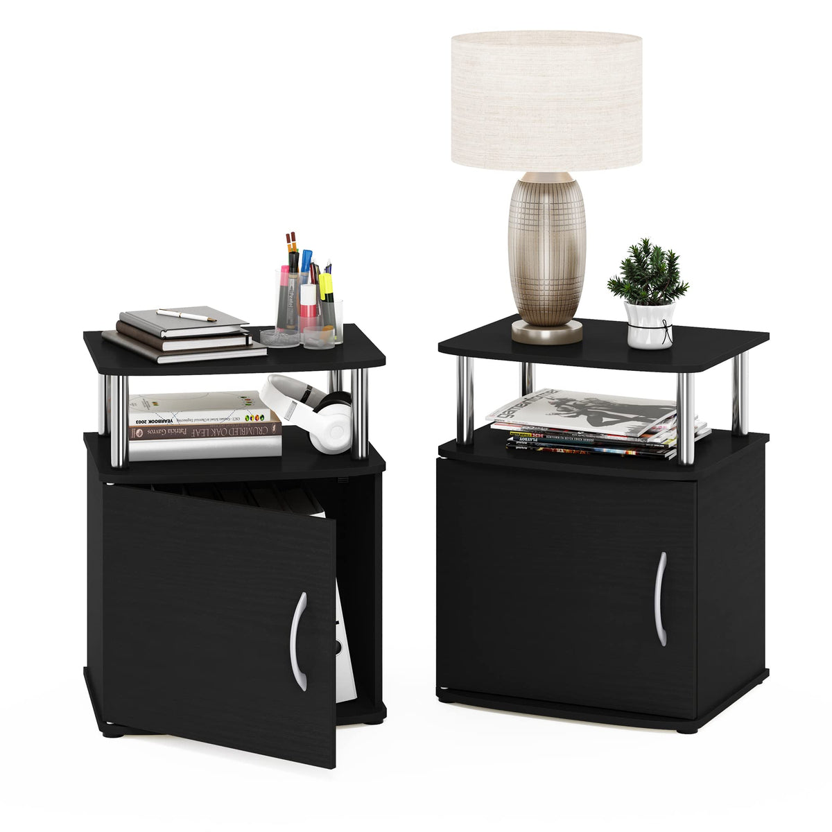 Furinno JAYA Side Table Set of 2, 2-Tier Open Shelf End Table with Door Cabinet, Soft-edges Night Stand, Bedside Table, for Living Room, Bedroom