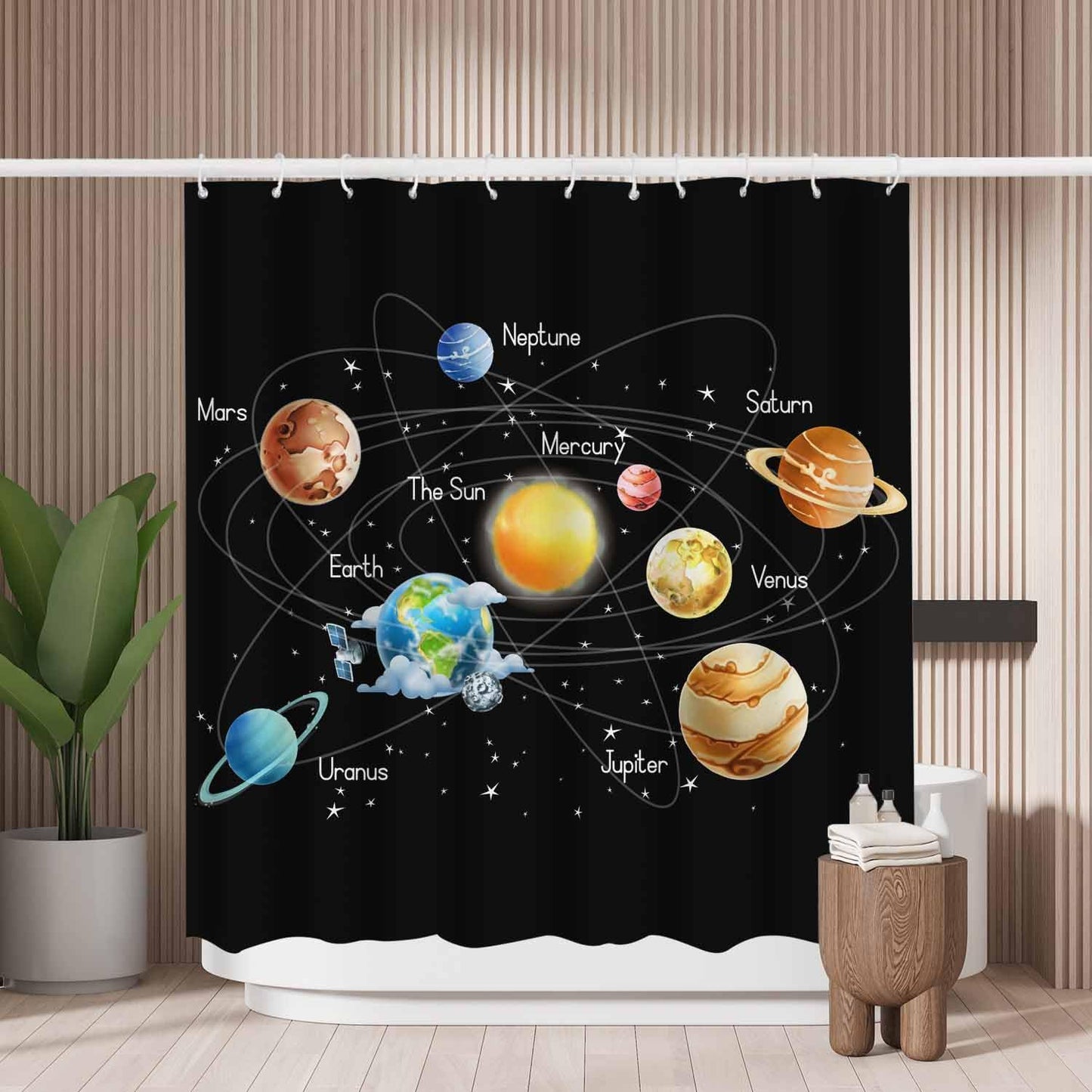 Woutay Shower Curtain Water Repellant Fabric Solar System,Mould Proof Resistant,Polyester,with 12 Plastic Hooks