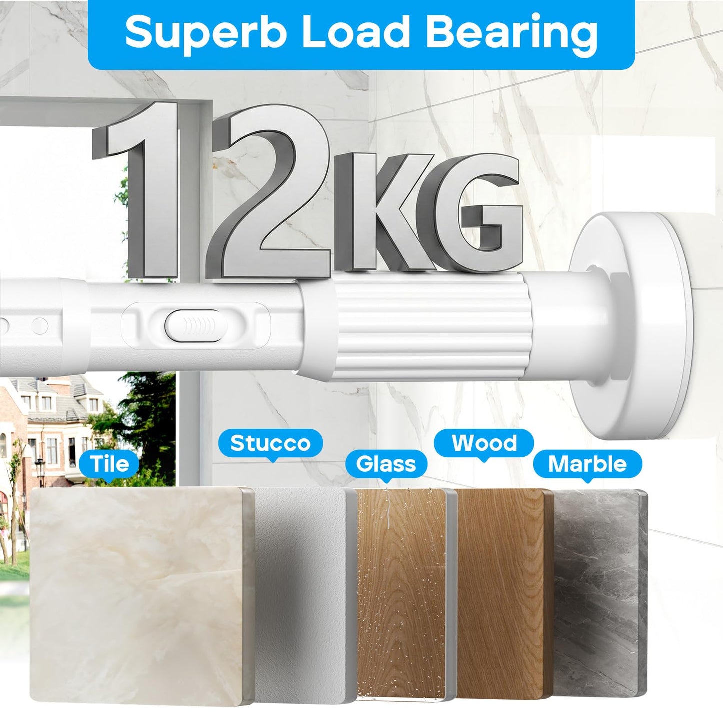 ZipGlo Extendable Shower Curtain Pole 104-302cm White Tension Curtain Rod