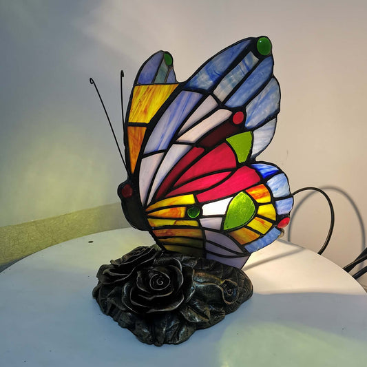 Bieye L30042US 8 inches Butterfly Tiffany Style Stained Glass Accent Table Lamp Night Light for Bedside Bedroom Living Room Coffee Table, Blue Red