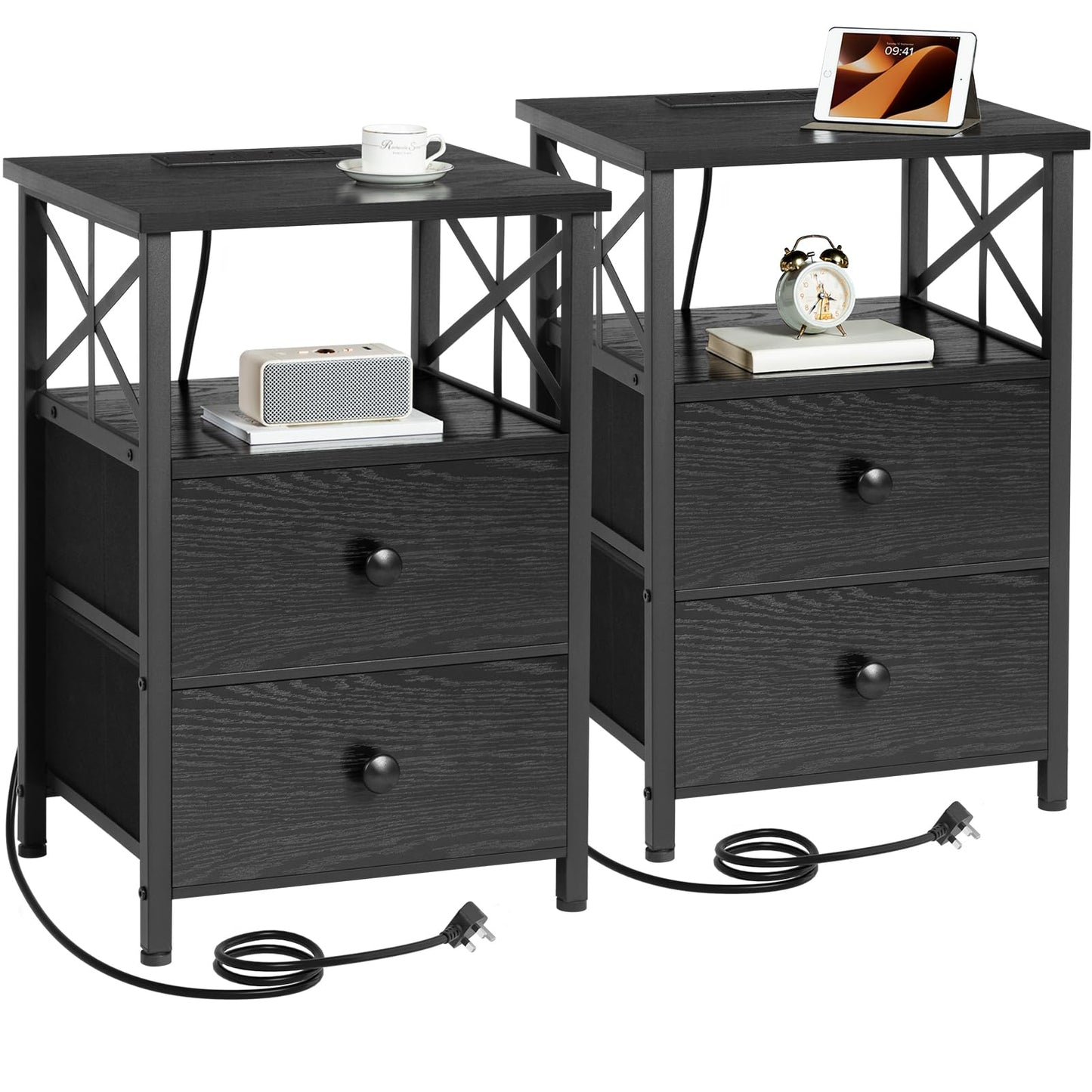AMHANCIBLE Bedside Table with Charging Station, Bedside Cabinet Set of 2, Side Table with 2 Fabric Storage Drawers,Sofa Side Table for Small Spaces,