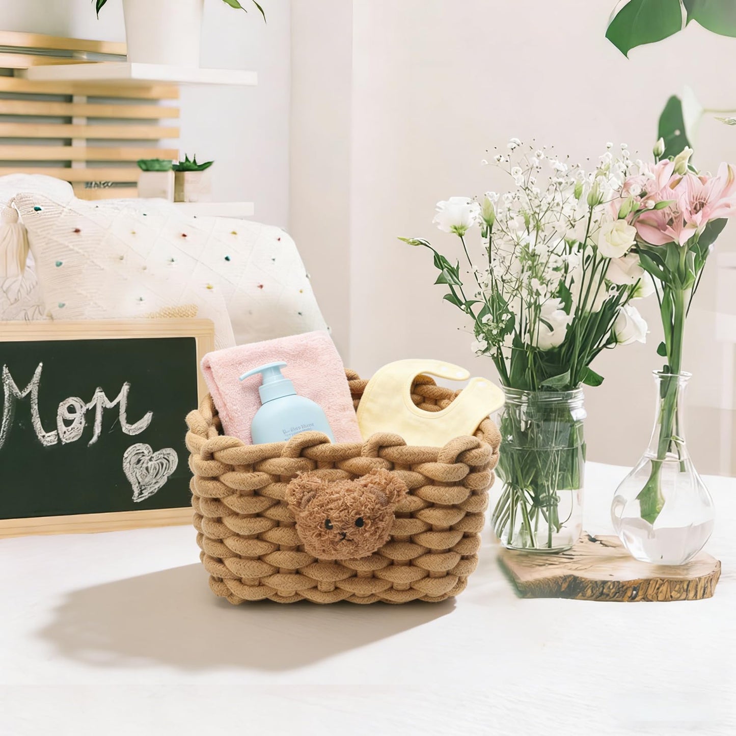Woven Cotton Wicker Storage Basket with Bear Motif, White - Bathroom Organizer for Desk, Makeup Table, Cabinets, Bath, Kitchen (Brown)
