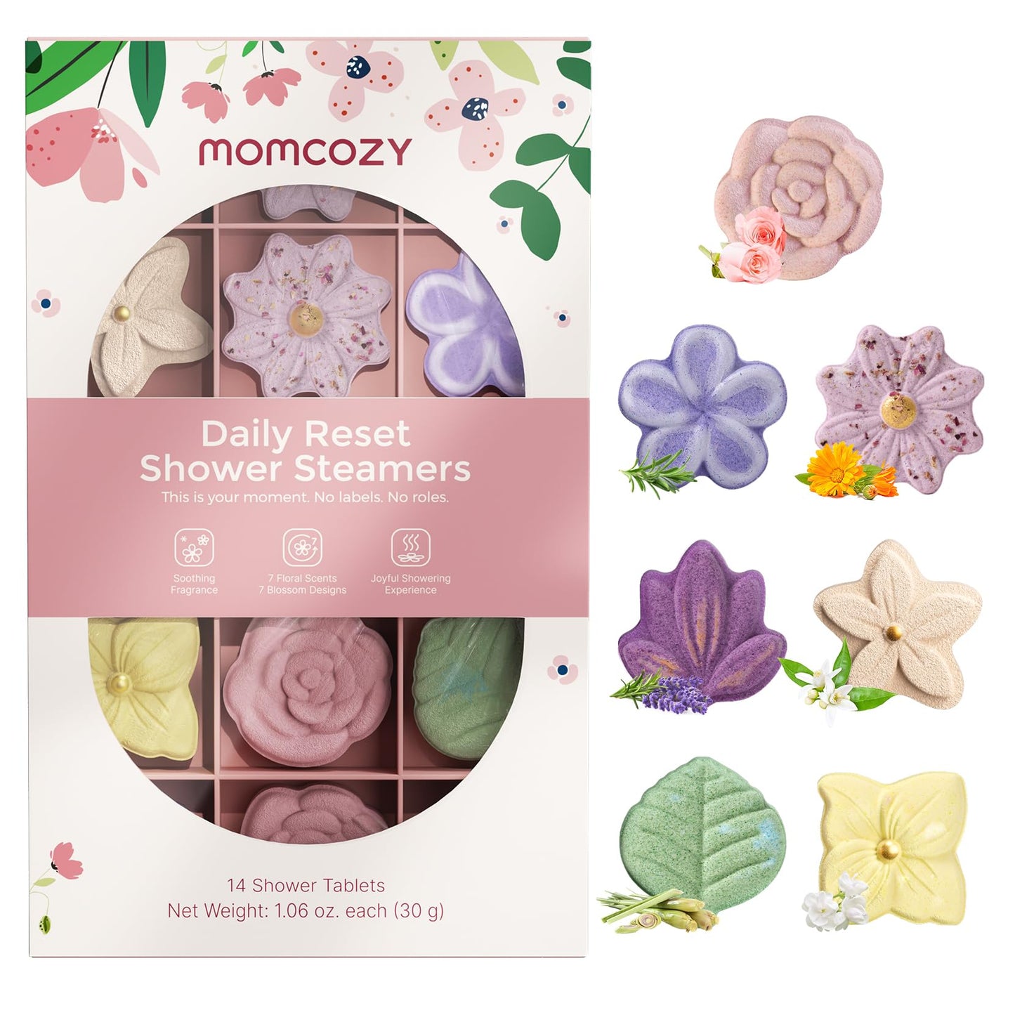 Momcozy Shower Steamers 14 Pack-7 Unique Shapes & Floral Scents, Long Lasting Fragrance, Gentle Formula, Perfect Travel & Gift Idea for Home Spa