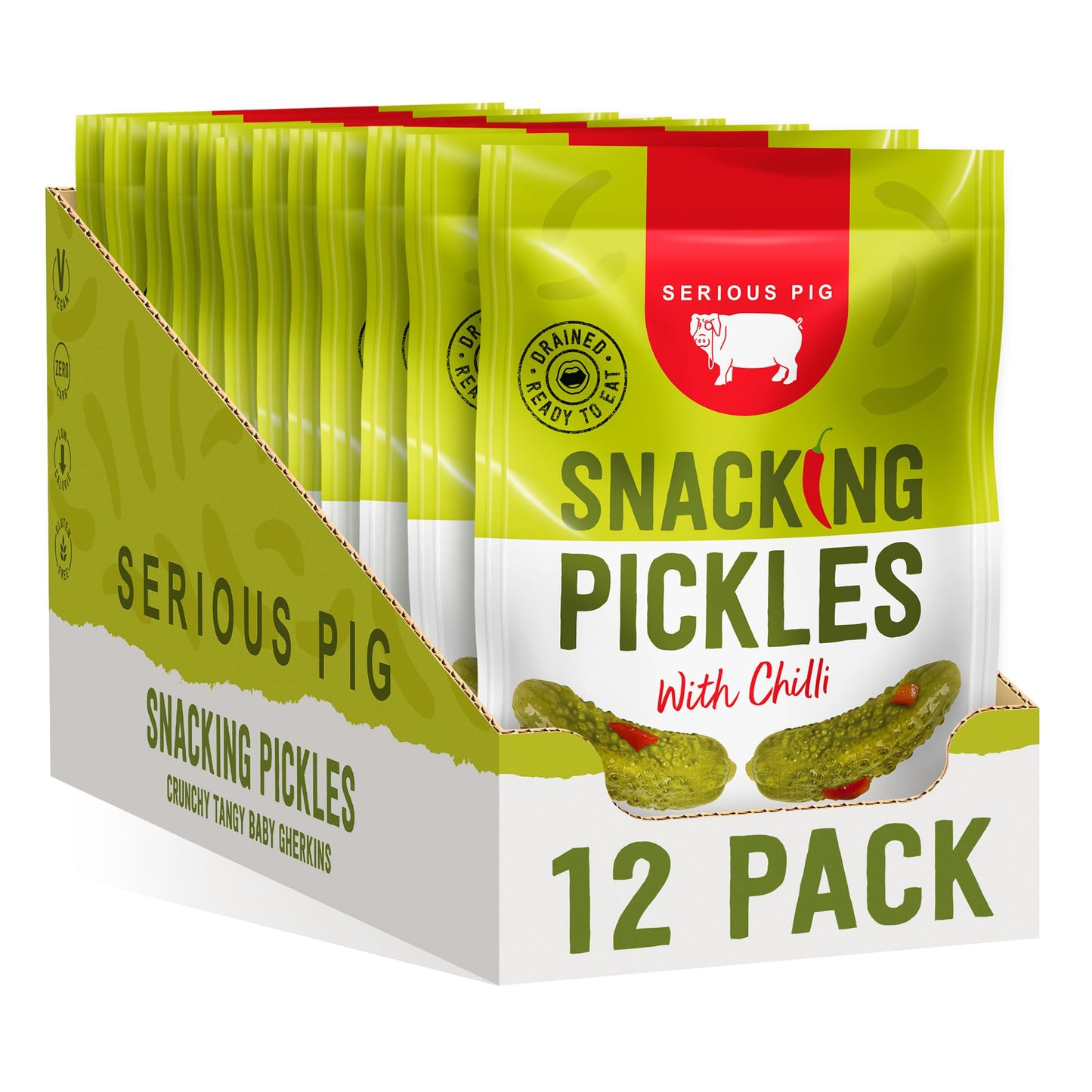 Serious Pig Snacking Pickles - Classic Baby Gherkins with Chilli Low Calorie Snack (12 x 40g)