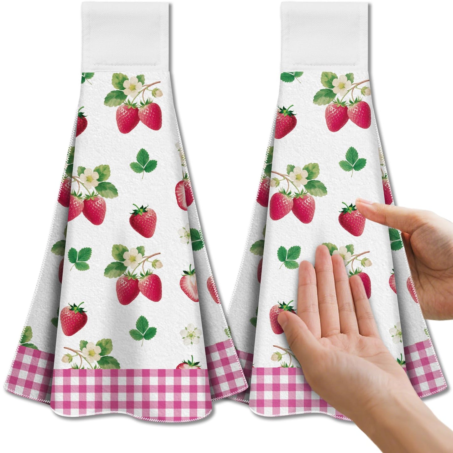 CUTHOLLOW Strawberries Tea Towels for Kitchen with Loop, Set of 2 - Soft & Super Absorbent Microfiber Decorative Hanging Dish & Hand Towel, Tea,