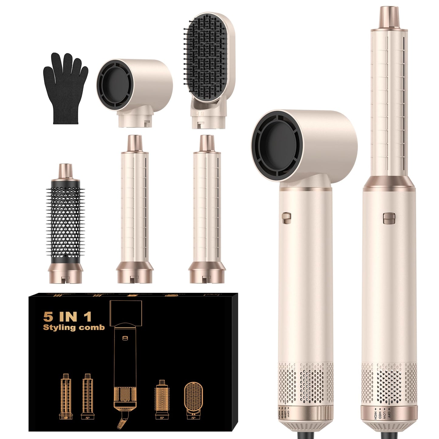 Airbrush 5 in 1 Hair Styler 5 in 1 Airstyler Multi-Blow Dryer Brush Set with Curl, Straighten, Wavy, Smooth, Magic Styler for All Hair Types and