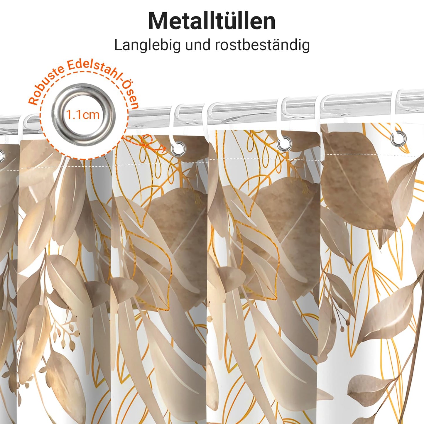 Lerores Shower Curtain, 100 x 200 cm, Grey Autumn Leaves, Weighted Hem, Anti-Mould, Water-Repellent