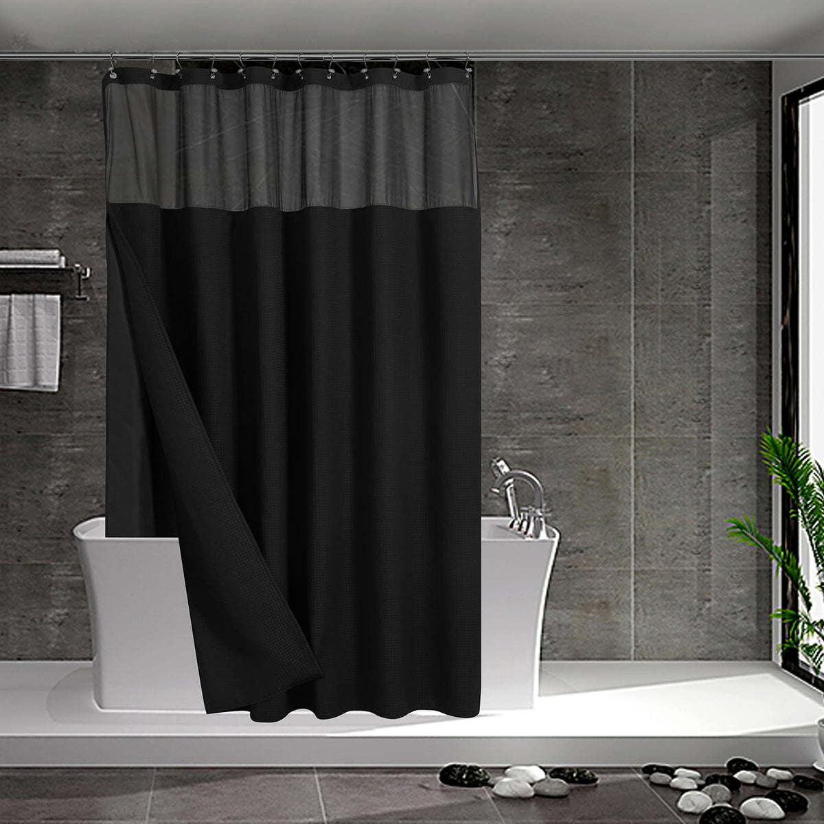 N&Y HOME Waffle Weave Shower Curtain with Snap-in Fabric Liner & Hooks Set - Hotel Style, Water-Repellent & Washable, Mesh Top Window - 71x72, Black