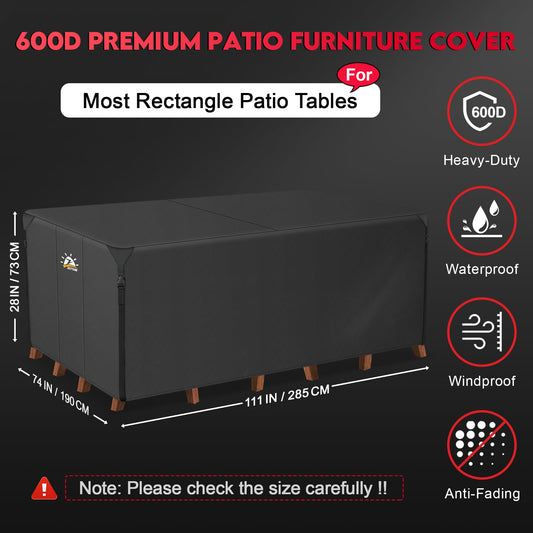 Zettum 285x190x73cm Large Garden Furniture Covers Rectangular 600D Heavy Duty Oxford Fabric Furniture Cover for Patio Table and Chair Set Anti Rain &