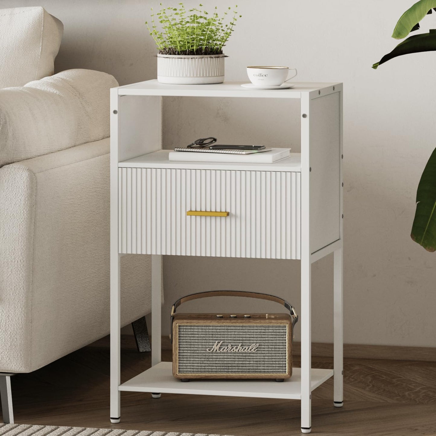 JERX Modern Bedside Table, Industrial Nightstand with Storage Drawer and Open Wood Shelf, for Living Room, Bedroom and Small Spaces, Accent Side Table