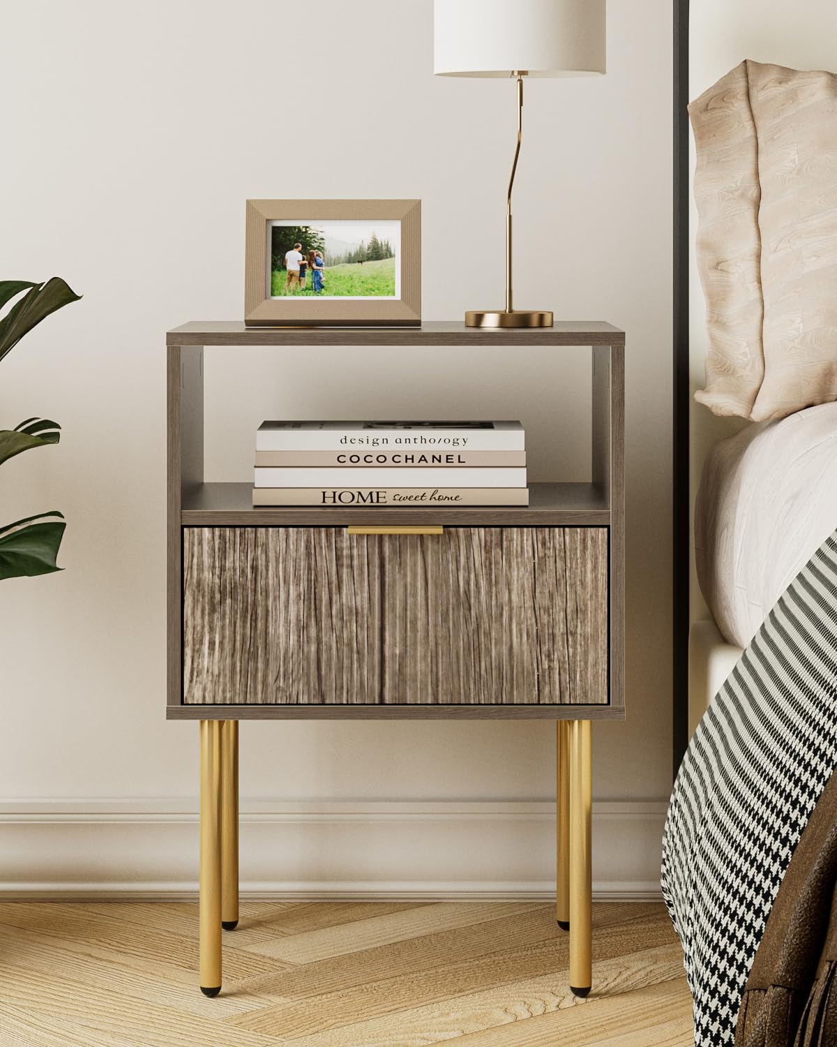 HEYZOEY Bedside Table Bedside Cabinet with 1 Open Shelf And 1 Drawer,Modern Boho Bedside Table for Bedroom,Living Room,Grey