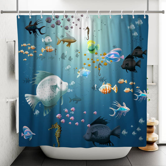 SDOTPMT 140x183cm Cartoon Fish Shower Curtain Colorful Tropical Fishes Hippocampus Marine Animal Bath Curtain Blue Ocean Bathtub Curtain for Bathroom
