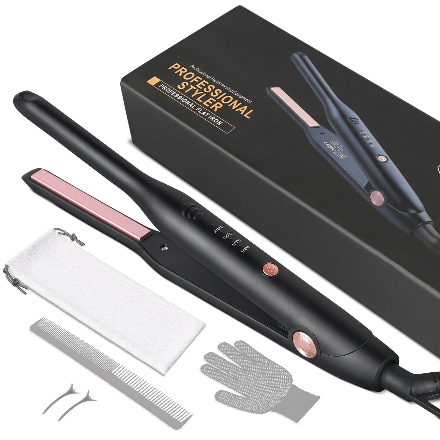 Exigns Hair Straightener, Pencil Straighteners for Short Hair, Mini Hair Straighteners for Woman and Man, Ceramic Panel with 4-Step Temperature