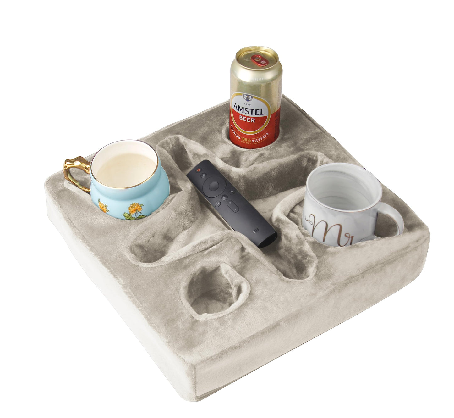 Couch and Bed Cup Holder Pillow, Sofa Refreshment Tray for Drinks/Remote Control/Snacks Holder (Beige)