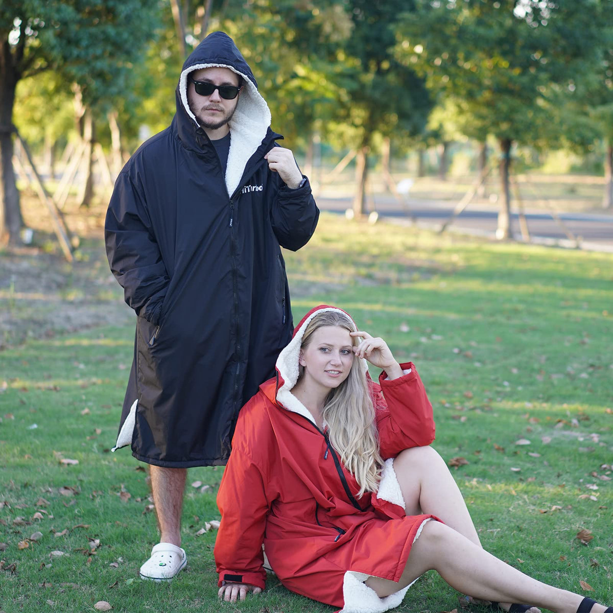 Hiturbo Waterproof Adult Changing Robe: Windproof Warm Swimming Robe Oversized Coat Surf Poncho with Fleece Lining Red