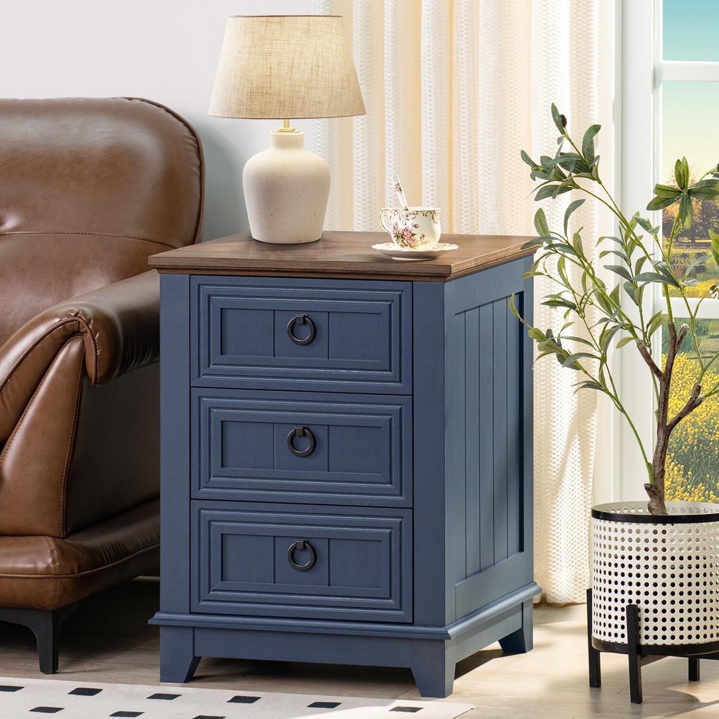 LELELINKY 46 cm Country Style Bedside Table with 3 Drawers, Side Table Chest of Drawers for Bedroom, blue Bedside Table, Wooden Bed Side Table with