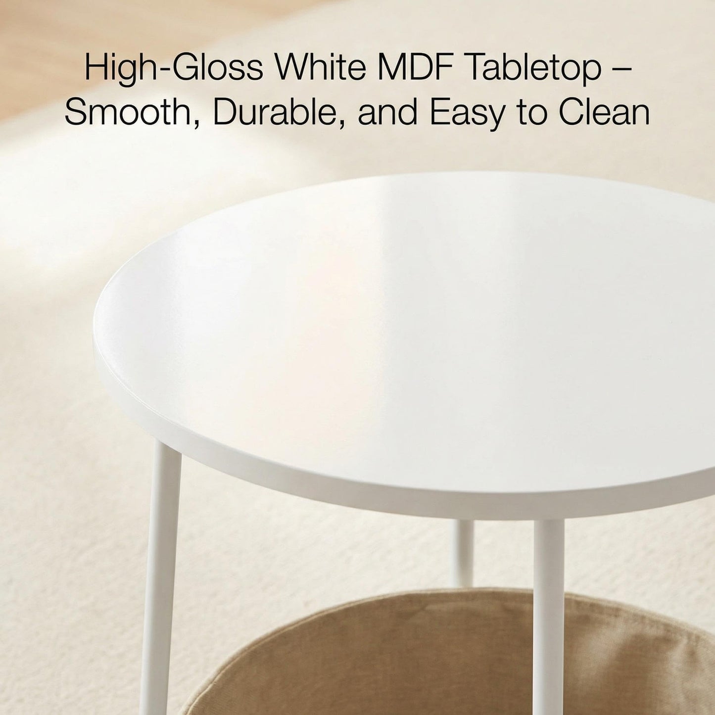 FurnitureR End Table, Small Bedside Table with Fabric Storage Basket, Modern Nightstand, 45 cm White Top, for Living Room, Bedroom